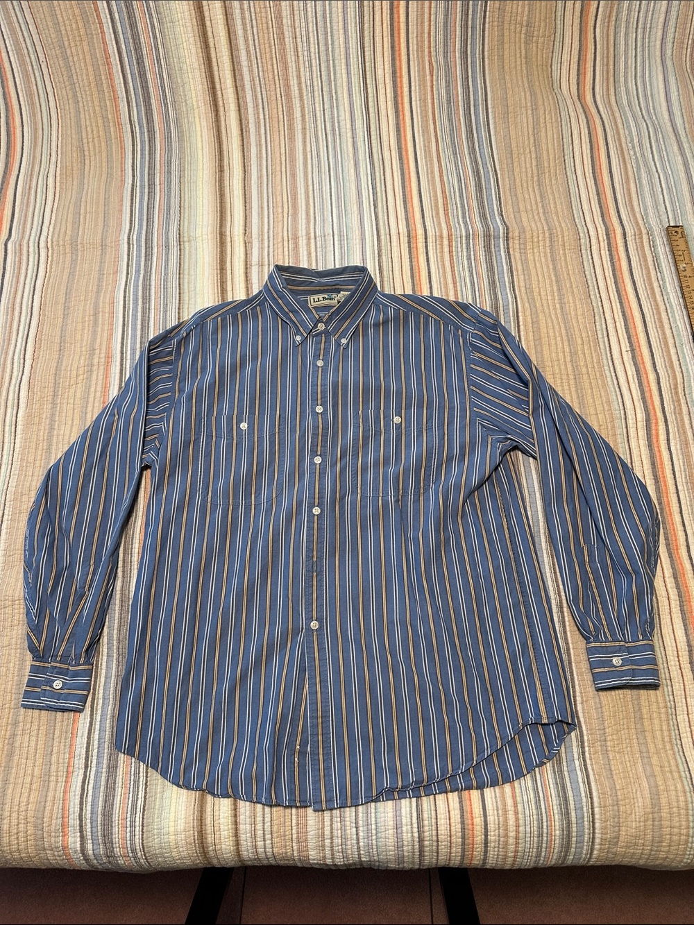 L.L. Bean Blue and Tan Striped Button-Down Shirt